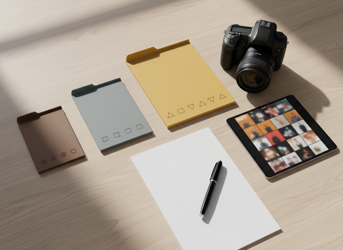 An overhead photographic view of a tidy workspace featuring three distinct photography service “packages” represented as minimalist, color-coded folders—bronze, silver, and gold—each with different sizes and icon arrangements to clearly suggest tiered pricing. Beside them, a professional DSLR camera with a prime lens, a tablet displaying abstract thumbnails of photo galleries, and a pen resting on a blank notepad. Soft, diffused daylight from a nearby window washes over a light oak desk, creating subtle shadows and a calm, organized atmosphere. The composition follows the rule of thirds with sharp focus across the scene, conveying clarity, structure, and transparency in marketing offers without using any readable text.