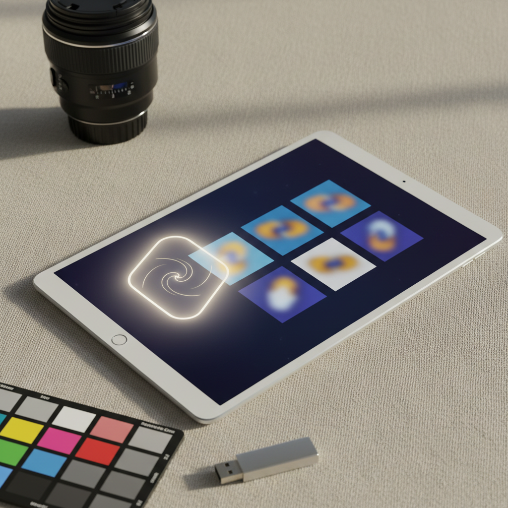 A clean, minimalist tablet lies on a textured linen surface, its screen showing a stylized portfolio grid of luminous thumbnails with a prominent, abstract “featured package” card visually popping forward using size and glow rather than text. Around the tablet are a high-quality lens, a color checker card, and a sleek USB drive, hinting at professional workflow and delivery. Gentle morning window light from the right creates soft highlights and feathered shadows, contributing to a calm, trustworthy atmosphere. Captured from a slightly elevated angle with a shallow depth of field and photographic realism, the scene is tailored for a pricing or package-details section that invites visitors to tap into more information.