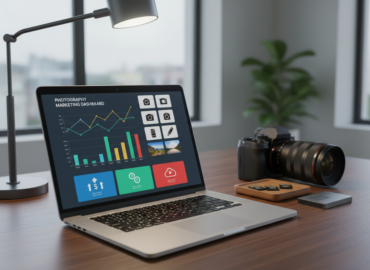 A sleek laptop on a dark wooden desk displays a bright, full-screen mock interface of a photography marketing dashboard with abstract graphs, image grids, and clearly separated pricing tiles represented by colored blocks and symbols instead of words. Next to the laptop lies a high-quality camera, memory cards in a small tray, and an external hard drive, all arranged with deliberate spacing. Cool, directional light from a nearby desk lamp creates focused highlights on metal surfaces while leaving the background softly vignetted. Shot from a slightly elevated angle with moderate depth of field, the image feels analytical yet creative, expressing data-driven photography marketing in a clean, professional, photographic-realism style.