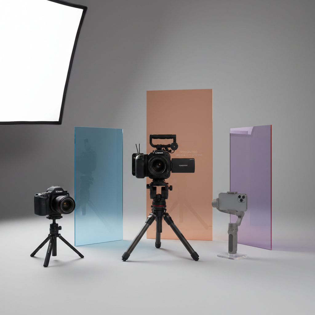 A cinematic-looking video camera on a compact tripod stands in front of a seamless neutral-gray backdrop, flanked by a DSLR camera and a smartphone mounted on a small stabilizer, symbolizing combined photo and video marketing services. Around them, three minimalist, upright acrylic panels in varying heights subtly suggest different service levels or bundles, each panel lit with a different color accent wash. A large softbox off-frame to the left casts even, flattering light with crisp but gentle shadows, while a subtle rim light from behind adds separation. Captured at eye level with a shallow depth of field and photographic realism, the scene feels modern, scalable, and ideal for a section describing integrated photography and videography packages.