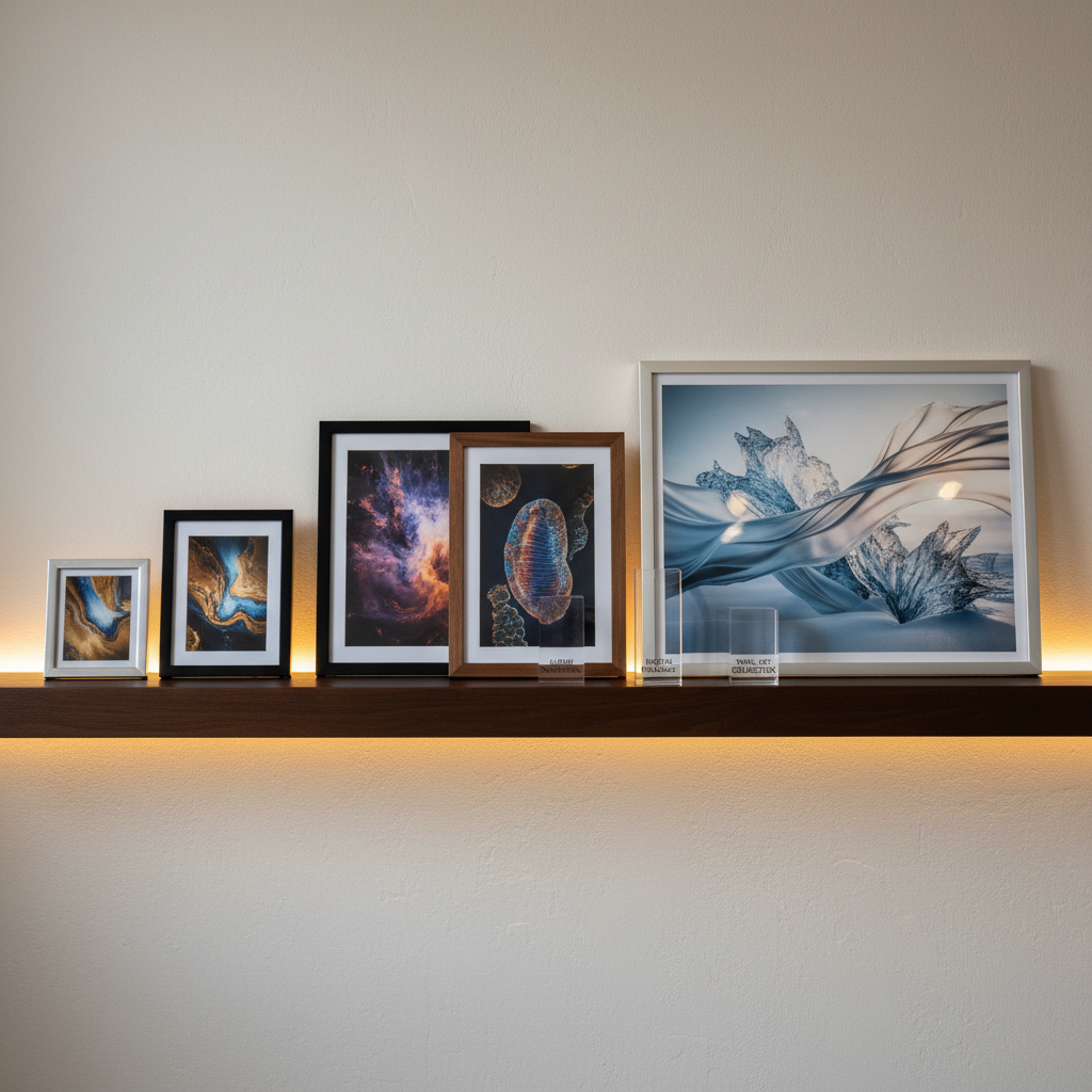 An elegant, backlit display shelf holds a series of framed photographic prints in graduated sizes, from small desk frame to large wall art, each with abstract, non-human imagery. Below the frames, small, blank acrylic blocks of varying heights represent price tiers and add-ons. Warm, indirect lighting creates a gentle glow behind the frames, casting soft shadows and emphasizing the depth of the display. Shot straight-on with a wide-angle lens and sharp focus throughout, the composition feels like a premium studio showroom, conveying clearly differentiated product and pricing options for photography clients in a refined, professional manner.